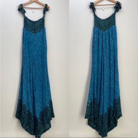 Free People Blue and Green Strapless Wide-Leg Jumpsuit - Picture 2 of 5
